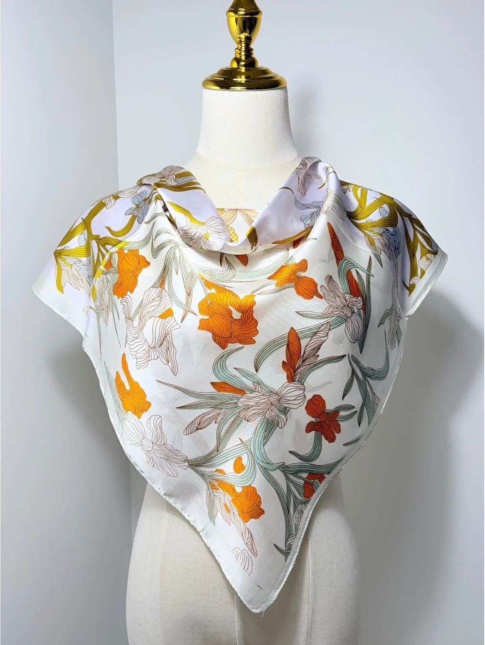 Elegant Satin Polyester Floral Scarf in Orange, Yellow, and Green – 68cm x 68cm